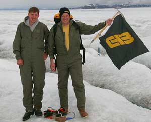 A Michigan Tech banner unfurled on Bering Glacier