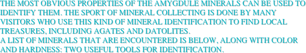 The most obvious properties of the amygdule minerals can be used to identify them. The sport of mineral collecting is done by many visitors who use this kind of mineral Identification to find local treasures, including agates and datolites. 
A List of minerals that are encountered is below, along with color and hardness: two useful tools for identification.
