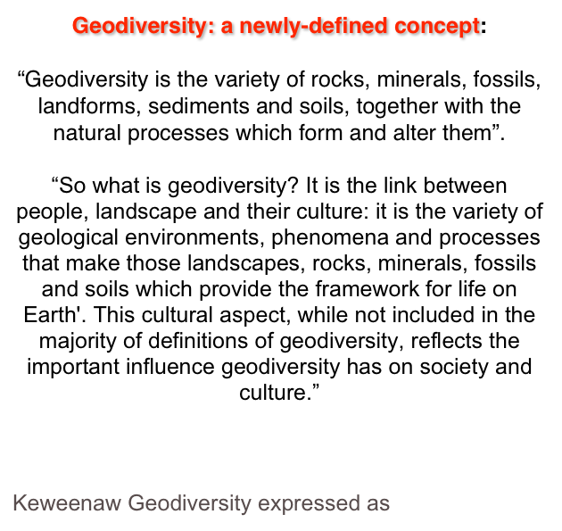 Geodiversity: a newly-defined concept:  

“Geodiversity is the variety of rocks, minerals, fossils, landforms, sediments and soils, together with the natural processes which form and alter them”. 

“So what is geodiversity? It is the link between people, landscape and their culture: it is the variety of geological environments, phenomena and processes that make those landscapes, rocks, minerals, fossils and soils which provide the framework for life on Earth'. This cultural aspect, while not included in the majority of definitions of geodiversity, reflects the important influence geodiversity has on society and culture.”



Keweenaw Geodiversity expressed as GeoElements